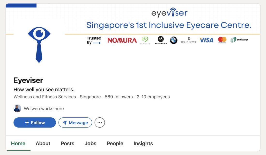 Eyeviser LinkedIn company page after the revamp, with positioning line and client logos