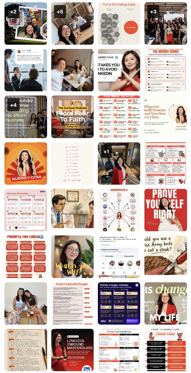 A grid of Audrey Chia's LinkedIn posts: infographics, carousels, event posters, client stories and personal photos