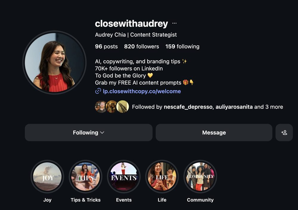 Audrey Chia's Instagram profile today, closewithaudrey, with 96 posts and 820 followers