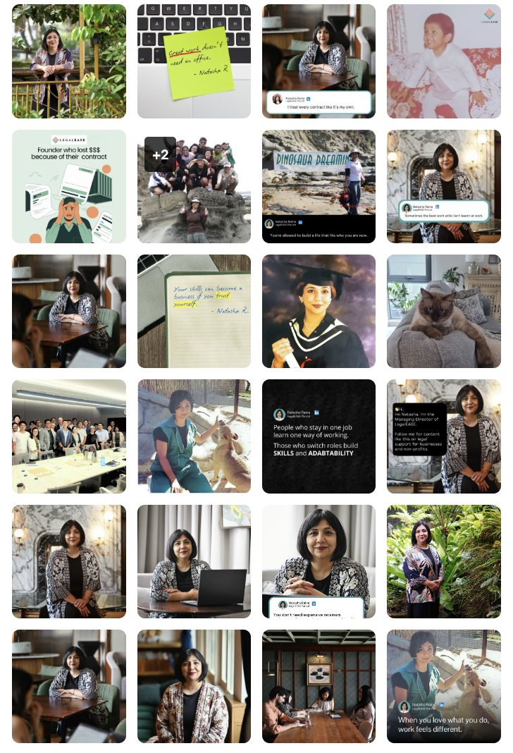 A grid of Natasha Raina's LinkedIn posts: personal photos, quote cards and branded graphics