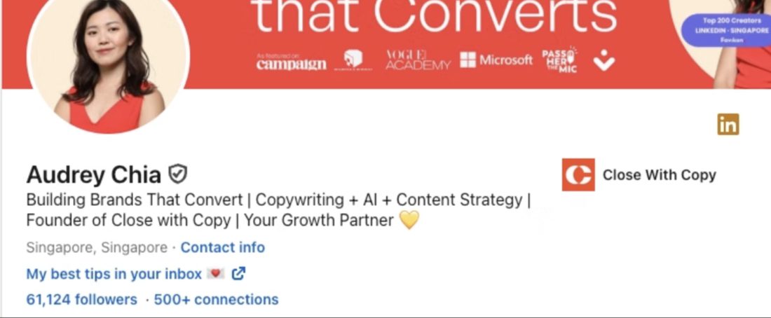 Audrey Chia's LinkedIn profile when Maheen joined, with 61,124 followers