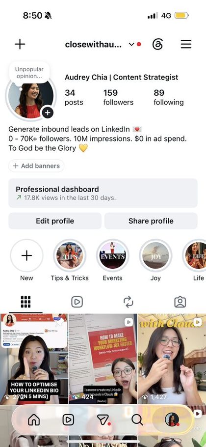 Audrey Chia's Instagram profile before, with 34 posts and 159 followers