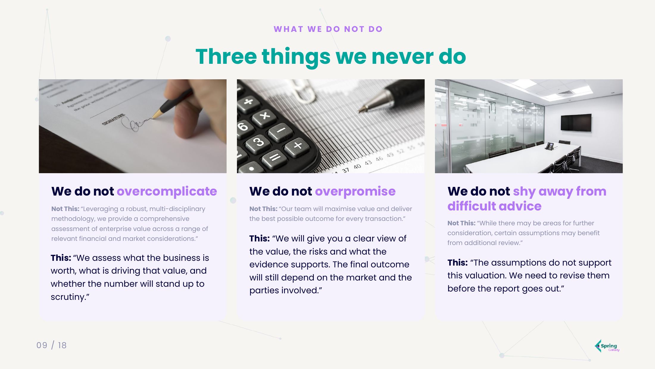 Slide comparing not-this and this copy for three things the brand never does